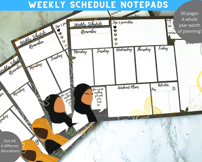 Notepads|Weekly Schedule/Weekly Planner/Desktop planner- Muslim girls- Featuring hijabis